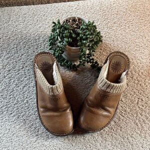 UGG Tan Leather Clogs with Knit Detail
